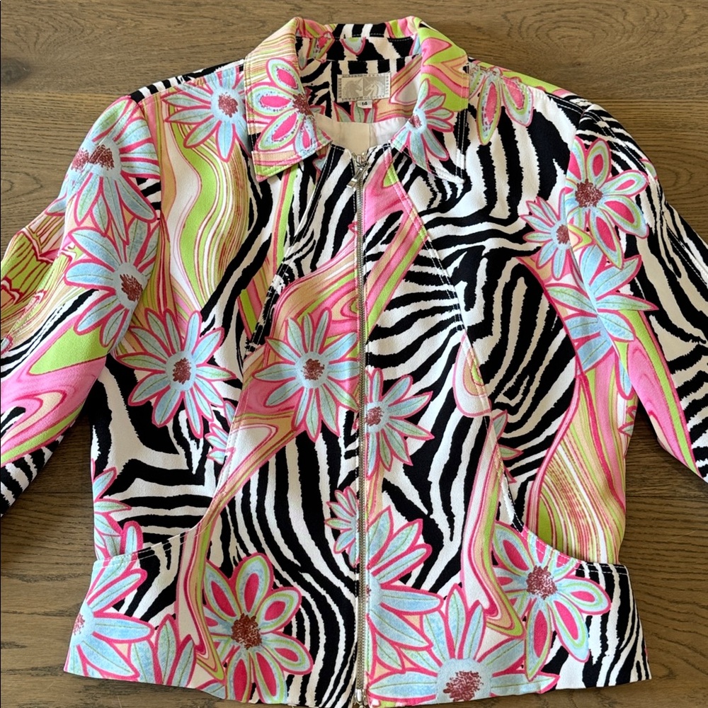 Alberto Makali Multicolor Zebra Flora Full Zip Jacket Blazer Women's 14 Career